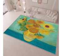 Tapis Salon 120 x 170 cm, Doux Flanelle Poil Courts Ne Peluche Pas Lavables en Machine Jaune Vert Imprimé Tapis Impressionnisme Tournesols Vase Thème, pour Chambre Cuisine Salon