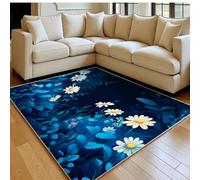 Tapis Salon 120 x 180 cm chrysanthèmes de Jardin Doux Poil Ras Antidérapant Lavable en Machine Bleu Tapis Chambre Adulte Salle à Manger Cuisine Bureau