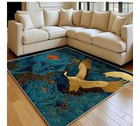 Tapis Salon 120 x 180 cm Pivoine et Grue à Couronne Rouge Doux Antidérapant Lavable en Machine Bleu Grand Tapis Chambre à Coucher Salle à Manger Bureau Facile d’Entretien