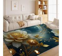 Tapis Salon 120x120 cm Rétro Style ethnique - Lavable en Machine - Descente de Lit Grand motif floral pour Chambre - Décoration Tendance Adulte Ado - Moquette Confortable pour Sol Bleu foncé Y42