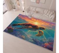 Tapis Salon 140 x 200 cm, Doux Flanelle Poil Courts Ne Peluche Pas Lavables en Machine Bleu Orange Imprimé Tapis Bord De Mer Tortues Coraux Thème, pour Chambre Cuisine Salon
