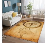 Tapis Salon 140 x 200 cm Motif Carte Ancienne Boussole, Tapis Grande Taille pour Chambre Adulte Moderne à Poils Ras, Lavable et Antidérapant pour Décoration Intérieure Tanné