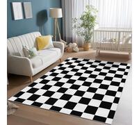 Tapis Salon 140 x 200 cm Motif Grille Simple, Tapis Grande Taille pour Chambre Adulte Moderne à Poils Ras, Lavable et Antidérapant pour Décoration Intérieure Noir Blanc