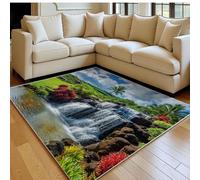 Tapis Salon 140 x 200 cm Paysage de Cascade et de Rocher géant Doux Poil Ras Antidérapant Lavable en Machine Vert Grand Tapis Chambre Adulte Salle à Manger Bureau Descente de Lit