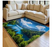 Tapis Salon 140 x 200 cm Paysage forestier et lacustre Doux Poil Ras Antidérapant Lavable en Machine Bleu Grand Tapis Chambre Adulte Salle à Manger Bureau Descente de Lit