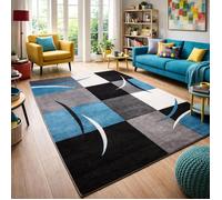 tapis salon 140x140 tissé bleu carré motif damier LYN8 COMMA