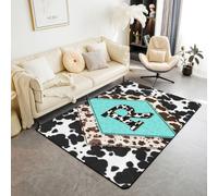 Tapis Salon 150x200cm Cuir de Vache Noir et Blanc Tapis Sol Western Imprimé Vache des Highlands Tapis Chambre Lettre Initiale Cottage Masculin R Alphabet Taudis d'Homme Personnalisé Monogrammé