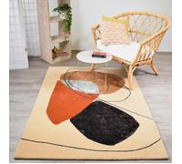 tapis salon 160x230 fait main en laine beige et orange rectangle motif géométrique