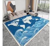 Tapis Salon 180 x 240 cm Carte du Monde Océanique Vintage, Lavable en Machine Tapis de Chambre Antidérapant - pour Manger Bureau & Plus Durable Poils Ras Moquette Bleu