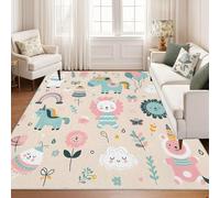 Tapis Salon 180x240 cm Lion, Licorne, Lapin Grand Tapis Antidérapant Lavable Machine, Poils Courts Doux, Fleurs Dessinées Animées Idéal Salon Salle à Manger QD80