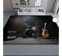 Tapis Salon 60 x 110 cm, Musique Rock Guitare Batterie Antidérapant Tapis Lavable en Machine Flanelle - Noir pour Chambre Salle à Manger Couloir D'entrée Décorer