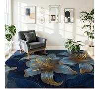 Tapis Salon 60 x 90 cm Lavable en Machine, Poil Court Doux Antidérapant Dessin Au Trait Moderne Tapis, Lys Floraux Chambre Interieur Salle a Manger Bureau Cuisine Poil Ras Chambrel, Bleu Foncé