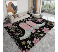 Tapis Salon 60 x 90 cm Peinture Numérique Bottes De Cow-Boy Fleurs, Lavable en Machine Tapis de Chambre Antidérapant - pour Manger Bureau & Plus Durable Poils Ras MoquetteNoir