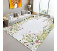 Tapis Salon 60 X 90 Cm Plantes Fleurs Branches Et Feuilles Lavable en Machine Tapis Chambre De Salon Antidérapant Vert Rose Doux Descente De Lit Antidérapant Decoration Chambrel Manger