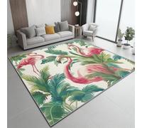 Tapis Salon 60 X 90 Cm Plantes Tropicales Flamant Rose Lavable en Machine Tapis Chambre De Salon Antidérapant Rose Vert Doux Descente De Lit Antidérapant Decoration Chambrel Manger