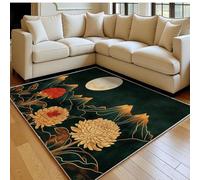 Tapis Salon 80 x 120 cm Montagnes, rivières, chrysanthèmes et la Lune Lavable en Machine Vert Foncé Tapis Chambre Doux Grand Salon Antidérapant