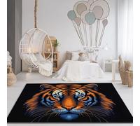 Tapis Salon 80 x 150 cm, Doux Flanelle Poil Courts Ne Peluche Pas Lavables en Machine Orange Bleu Imprimé Tapis Animaux Tigres Autocollants Thème, pour Chambre Cuisine Salon