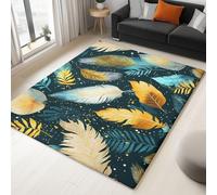 Tapis Salon 90 x 150 cm Éclaboussures D'Aquarelle Feuilles Palmier Plumes Lavable en Machine Tapis de Chambre Antidérapant, pour Manger, Bureau Durable & Écologiqu Poils Ras Moquette, Vert Foncé