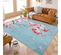 Tapis Salon à Poils Courts Antidérapant 80x150 cm ThèMe De Style Chinois Fleurs De Cerisier Super Doux Decoration Maison Interieur Paillasso de Sol Gamer Bleu Lavable Machine Imprimés doux Tapis