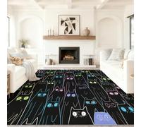 Tapis Salon Animal Fluorescent Chat Lignes, 140 x 200 cm | Tapis Chambre Minimaliste Abstrait Antidérapant Lavable, Noir Tapis pour Salle a Manger Descente de Lit Bureau