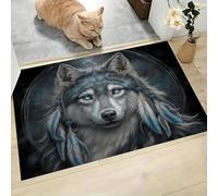 Tapis Salon Antidérapant Illustrations D'Animaux Fantastiques, Tapis Lavable En Machine Loup Gris Plumes D'Attrape-Rêves, À Poils Courts, Entree Interieur, Chambre, Couloir,50 X 80 Cm,Gris Clair