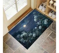 Tapis Salon Antidérapant Peinture À L'Huile De Style Romantique, Tapis Lavable En Machine Clair De Lune Rosiers Blancs, À Poils Courts, Entree Interieur, Chambre, Couloir,90 X 150 Cm,Bleu Foncé