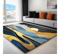 Tapis Salon Bleu Foncé pour Lavable, Doux À Poils Courts Tapis Raffiné Mystérieux Lignes Dorées Antidérapant pour Chambre Cuisine Salle De Bains Hôtel Restaurant, 80 x 150 cm