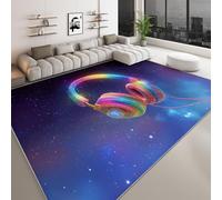 Tapis Salon Bleu Violet Interieur 80 x 150 cm, Doux Tapis Chambre Enfant Lavable en Machine Antidérapant, 3D Impression Casque Audio Numérique Lumineux Ciel Étoilé Poil Ras pour Salle a Manger Porche