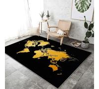 Tapis Salon Carte du Monde Simple Doux Interieur Décor, Tapis Courts Poils Antidérapant Noir Or pour Chambre Couloirs ExtRieur, 160 x 230 cm