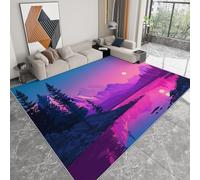Tapis Salon Cartoon Montagnes et Eau Paysage Ciel Violet Modèle 160 x 230 cm Lavable en Machine Super Doux et Antidérapant Tapis Décoratif Salon Doux Poil Court pour Chambre Adulte, Salle à Manger