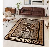 Tapis Salon Chambre à coucher Design moderne Afrique Motif animalier Tigre Léopard Marron Beige Noir Bordure 100 x 200 cm