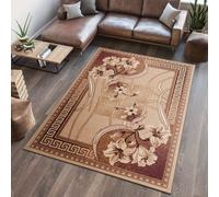 Tapis Salon Chambre à coucher Modernes Design Floral Fleurs Grecques Rayures Beige Marron Chiné Bordures Oekotex 80 x 150 cm