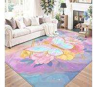 Tapis Salon Chambre Antidérapant Lavable Moelleux Doux Poils Décoration Intérieure Séjour Couloir Chambre Enfant Magnifiques Papillons Fleurs Rose 100 X 150 Cm