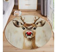 Tapis Salon De Noël 100 Cm Rond Tapis Lavable Renne Au Nez Rouge De Noël Doux Paillasson Poil Ras Da Chambre Peinture À L'Huile Animalière Antidérapant De Salon Descente De Lit Salle A Manger Kaki