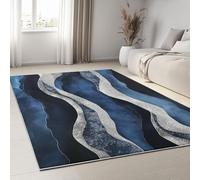Tapis Salon Élégant Rayures Vagues Bleu Argent Couleurs Résistantes Lavable en Machine Doux Tapis de Salon Antidérapant de Chambre pour Salon Chambre Bureau Plus Durable, 120 x 170 cm