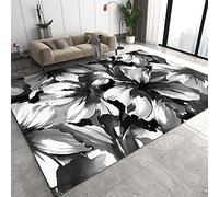 Tapis Salon Fleurs De Texture D'Encre Noir Et Blanc, Tapis Poils Ras Style Pastoral Abstrait RéTro Dessiné à La Main, Tapis Lavable En Machine - pour Salon Chambre Salle à Manger - 140 x 200 cm