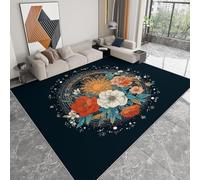Tapis Salon Fleurs étoiles lune ciel étoilé Doux Lavables Antidérapant Carpet Noir Polyester Carpette Chambre Decoration Moquette pour Salle à Manger Porche Tapis de Salon Buanderie 180 x 240cm