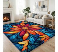 Tapis Salon Géométrique Vitrail Fleurs Feuilles 60 x 90 cm, Doux Tapis de Chambre Rétro Lavable en Machine Imprimées Antidérapant pour Manger Intérieur Bureau Chambre Cuisine