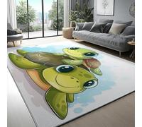 Tapis Salon Imprimé Vert Clair Antidérapant Lavable, Poil Court Doux Rectangle Illustrations Dessins animés Tortues à l'aquarelle pour Chambre Cuisine Couloir, Chambre Enfant 60 x 110 cm