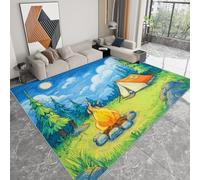 Tapis Salon Lavable 100 x 160 cm Style Dessin Animé, Tapis Interieur Impression Forêt Camping Tente Feu de Camp Moderne Doux Antidérapant Moquette pour Salon Chambre à Coucher Canapé Chambre d'enfant