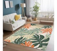 Tapis Salon Lavable 120 x 170 cm, Poil Ras Vert Clair Pêche Tapis de Chambre Salon Moderne Plantes Tropicales Feuilles De Monstera Imprimé Doux Antidérapant, pour Salon Chambre Salle a Manger