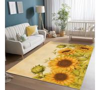 Tapis Salon Lavable 120 x 170 cm, Tournesols Vintage Peints À La Main Imprimé Doux Flanelle Antidérapant Poil Court Jaune Vert Tapis Non Pelucheux, pour Salon Chambre Salle a Manger
