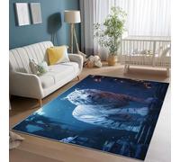 Tapis Salon Lavable 140 x 200 cm, Fantastique Animaux Portraits Imprimé Doux Flanelle Antidérapant Poil Court Blanc Bleu Tapis Non Pelucheux, pour Salon Chambre Salle a Manger
