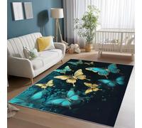 Tapis Salon Lavable 140 x 200 cm, Rêve Peinture À l'huile Papillon Imprimé Doux Flanelle Antidérapant Poil Court Bleu Or Tapis Non Pelucheux, pour Salon Chambre Salle a Manger