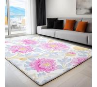 Tapis Salon Lavable 140 x 200 cm, Tapis Doux pour Chambre À Poils Courts, Crème, Paillasson à Motif imprimé Élégant Fleurs Roses Artistique, pour Salon, Chambre et Salle à Manger