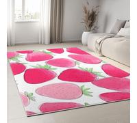 Tapis Salon Lavable 180 x 240 cm, Rose Tapis Doux à Poils Courts à Motif Imprimé Dessin Animé Peint À La Main Fruit Fraise pour Salon Chambre Salle à Manger