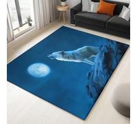 Tapis Salon Lavable 180 x 240 cm, Tapis Doux pour Chambre À Poils Courts, Bleu, Paillasson à Motif imprimé Fantastique Surréalisme Animaux Loup Blanc, pour Salon, Chambre et Salle à Manger