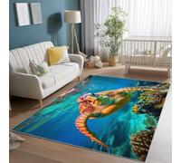 Tapis Salon Lavable 60 x 90 cm, Poil Ras Bleu Vert Tapis de Chambre Salon Moderne Bord De Mer Tortues Récifs Coralliens Imprimé Doux Antidérapant, pour Salon Chambre Salle a Manger