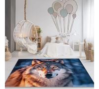 Tapis Salon Lavable 60 x 90 cm, Poil Ras Gris Bleu Tapis de Chambre Salon Moderne Animaux Loup Gros Plan Imprimé Doux Antidérapant, pour Salon Chambre Salle a Manger