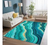 Tapis Salon Lavable 60 x 90 cm, Poil Ras Vert Cyan Tapis de Chambre Salon Moderne Abstrait Agate Courbes Imprimé Doux Antidérapant, pour Salon Chambre Salle a Manger